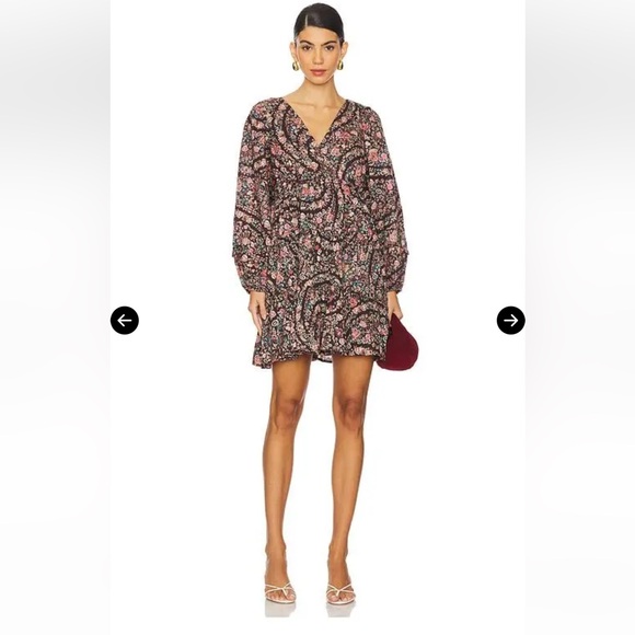 Cleobella Floral Boho Mini Dress Size S Puff Sleeve Tiered Brown Pink